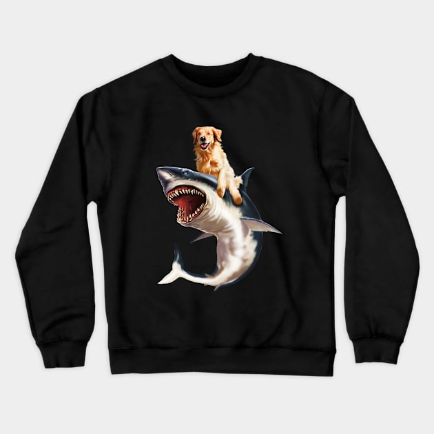 Funny Golden Retriever Dog Riding Shark Crewneck Sweatshirt by dukito